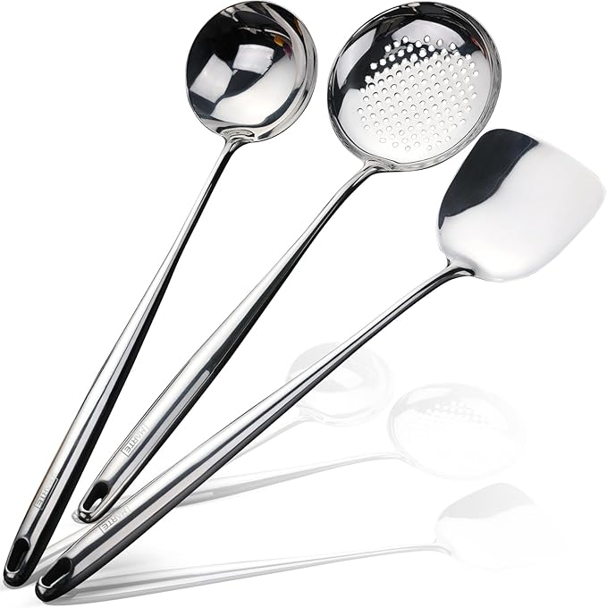 Wok Spatula and Ladle,Skimmer Slotted Spoon Set - Mirror Polished Asian Wok Cooking Tools - 18/10 Stainless Steel Wide Wok Spatula - Wok Utensils Set Professional