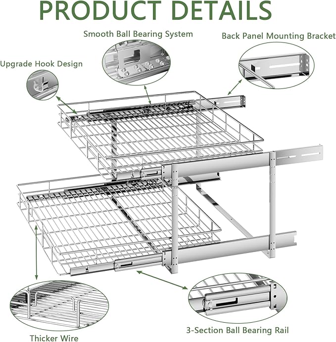 MODCART 2 Tier Individual Pull Out Cabinet Organizer 31½" W x 21½" D, Heavy Duty Cabinet Pull Out Shelves, Slide Out Drawers Organization for Kitchen Cabinets Bathroom