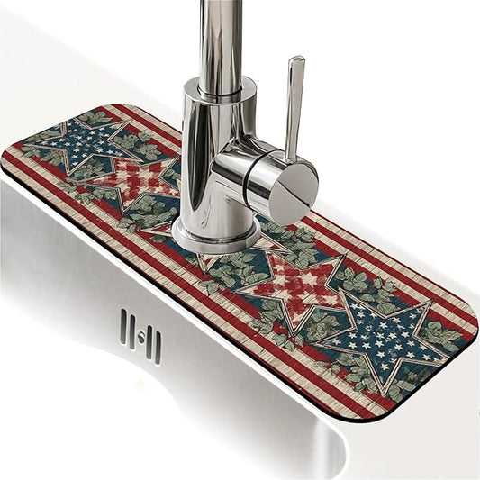 Kitchen Sink Splash Guard，Vintage American star Faucet Mat Sink Gadgets-Super Absorbent Fast Drying Mat Drip Catcher for Kitchen, Bathroom,Sink Mat, Dish Drying Mat, Bathroom(15" X 5.5" )