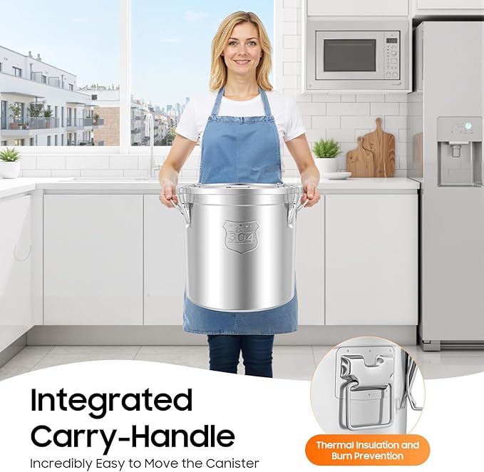 Stainless Steel Airtight Canister for Kitchen, 48L/12.68Gal Metal Food Storage Container Flour Bucket with Lid & Clamps, Bean Rice Canister Holder for Kitchen Restaurant, D15.8*H15.8in