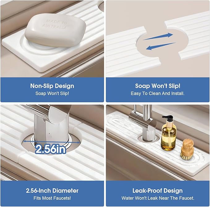 Stone Faucet Mat for Kitchen Sink, Silicone Faucet Handle Drip Catcher Tray Mat, Silicone Kitchen Sink Splash Guard for Bathroom Counter Kitchen Counter Accessories, White, 30" x 4"
