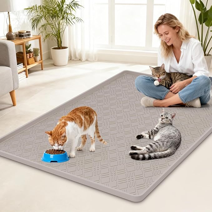 Lanstics Cat Food Mat, 42" x 29" Large Silicone Mat Cat Feeding Mat with Raised Edge Non-Slip Pet Feeding Mat for Food and Water Bowl, Easy to Clean, Floor Protection (Beige)
