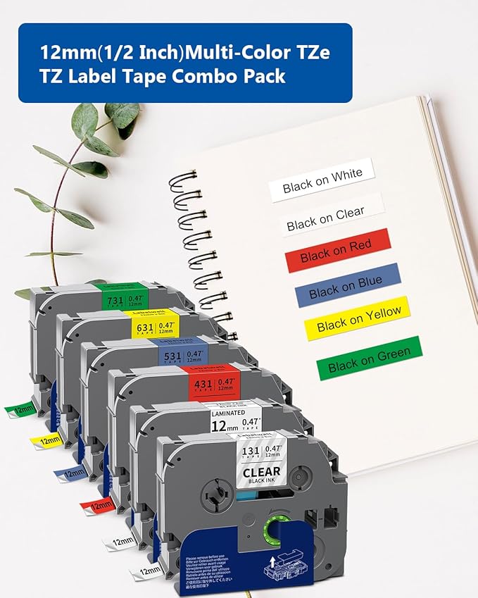 Labelwell 6-Pack TZe 12mm 0.47 Laminated Multi Color Compatible for P Touch Label Tape TZ TZe-231 131 431 531 631 for PTouch PT-H110 D210 D220 PT-H103W, Clear/White/Red/Blue/Yellow/Green