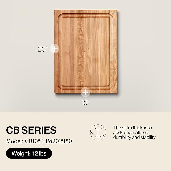 John Boos CB Series Rectangular Wooden Maple Cutting Board 20”x15” – 1.5” Thick, 12-lb Reversible Butcher Block with Juice Groove, Edge-Grain & Finger Grips – Made in the USA