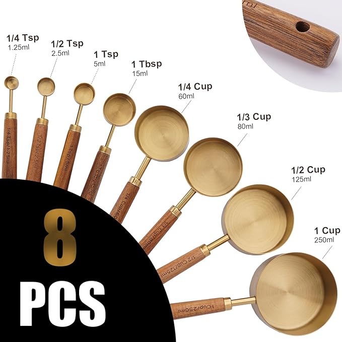SHIKORI Gold Measuring Cups and Spoons Set with Wood Handles, Premium Stainless Steel Measuring Spoons and Measuring Cups Set-Gold