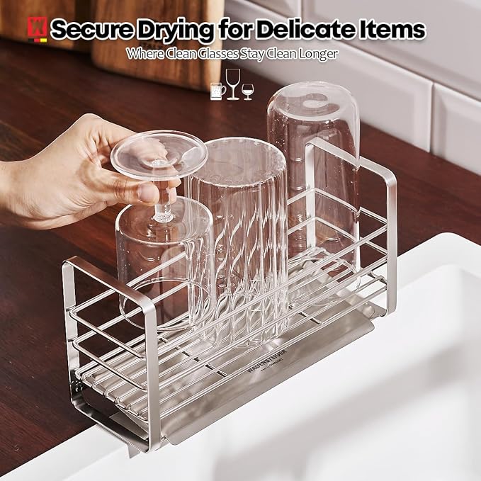 Stainless Steel Over Sink Organizer Rack, Sponge Holder, Soap Dispenser, Fast Drainage Kitchen Caddy with Removable Drainer Tray, Washbasin Caddy, Sink Drying Rack with Sloped Design