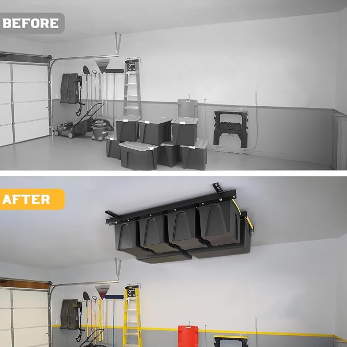 WALMANN Overhead Tote Storage Rail System, Garage Ceiling Bin Storage Rack Heavy Duty Adjustable Tote Slide Rails(Black, Bins not Included)