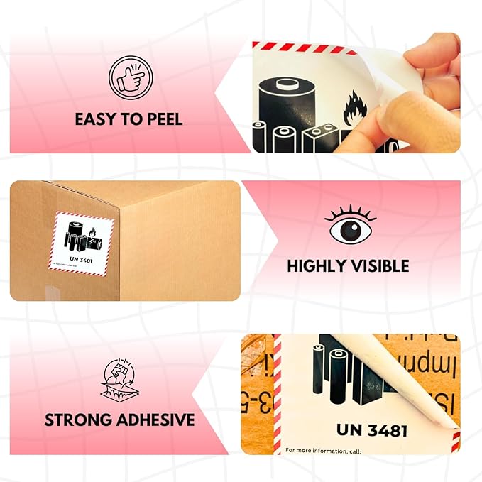 Great Eastern 500 Pcs – UN 3481 Lithium-Ion Battery Labels, 4" x 4" Adhesive Caution Stickers for Shipping, Packaging & Transport Boxes | Fragile Handling Labels, (1 Roll)