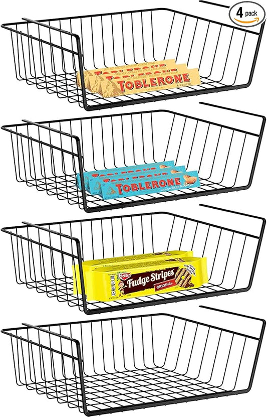 Dveda 4 Pack Under Shelf Basket, Under Cabinet Organizer Shelf, Durable Metal Wire Rack Hanging Basket Storage Rack, Shelf Organizing for Kitchen/Pantry/Bathroom/Desk-Slide Arms Height:1.45in(Black)