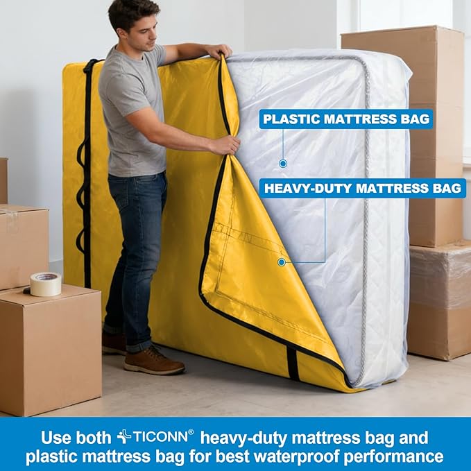 TICONN Mattress Bags for Moving, Heavy Duty Twin XL Mattress Cover Storage Bag with Full-Around Handle and Adjustable Buckles (Yellow, Twin XL)