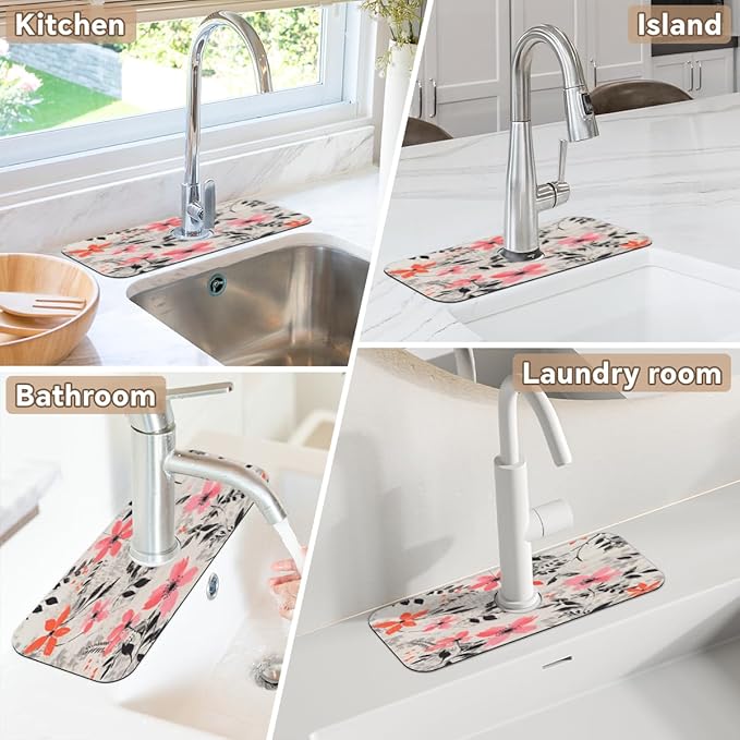 Gray Background Floral Kitchen Faucet Mat Splash Guard, 15.4”x5.7” Absorbent Quick Drying Sink Mat for Countertop Protection, Draining Mat Sink Protectors For Kitchen Bathroom, 2 Pack