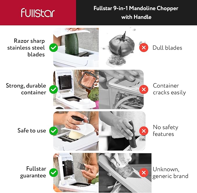 Fullstar Vegetable Chopper & Mandoline Slicer for Kitchen - Food Chopper with Container, Cheese Grater, Home Essentials & Kitchen Gadgets (Lite - 9 in 1)