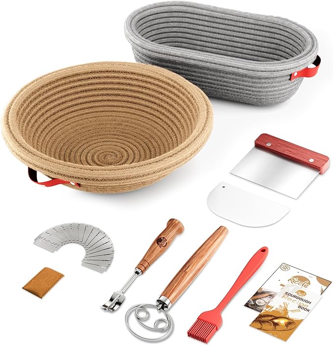 Riccle Sourdough Starter Kit – Bread Baking Supplies & Bread Making Tools with Cotton Rope Proofing Basket (9” Round & 10” Oval), Bread Lame with 15 Blades, Dough Whisk, Bowl Scraper & Silicone Brush