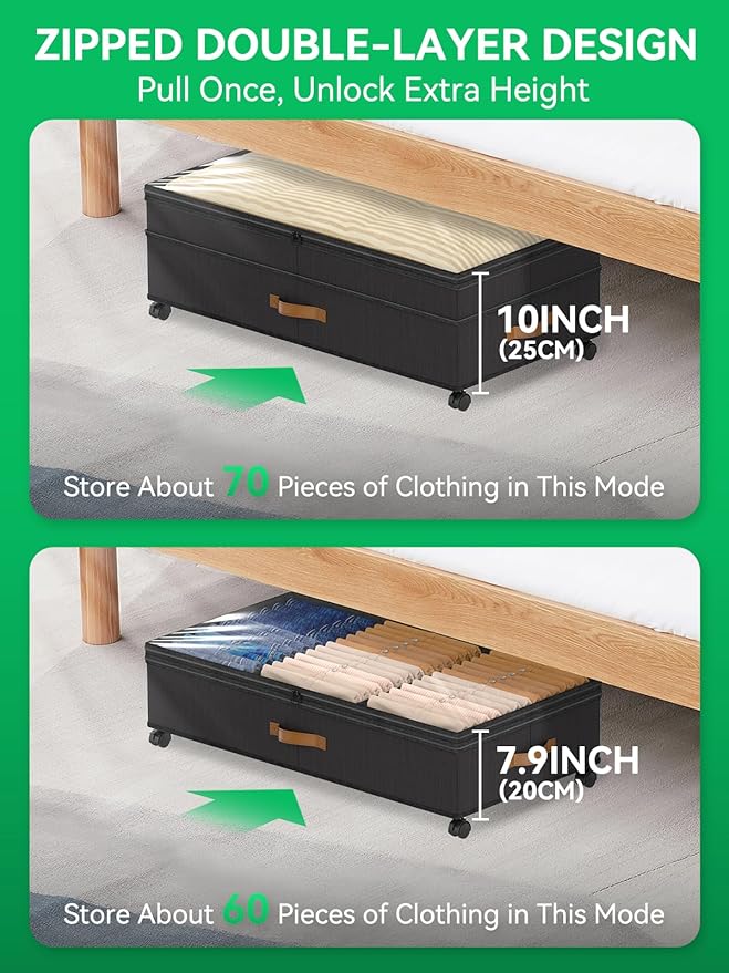 Under Bed Storage with Wheels, 2-Pack Upgraded Scalable Under Bed Storage Containers with Transparent Lids, Underbed Storage Organizer Rolling Bins for Shoes Clothes Sheet - Expandable Max