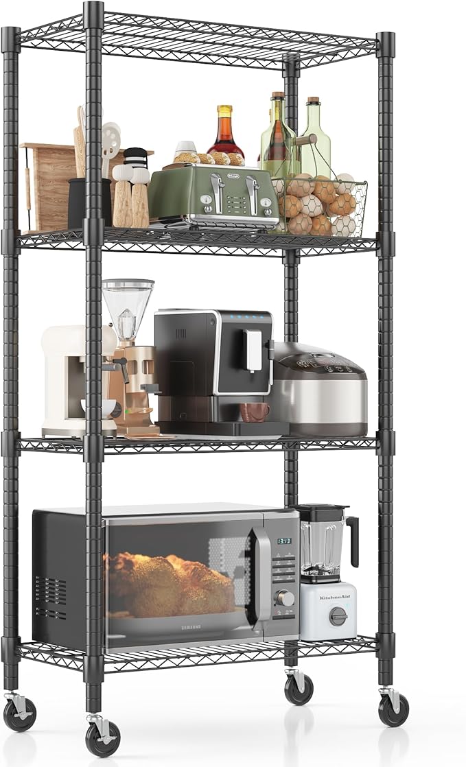 Homdox Heavy Duty Storage Shelves, 4 Tier Wire Shelving Unit with Wheels, Commercial Adjustable Metal Shelves for Storage, Garage Rack Pantry Shelves Kitchen Shelving, 14"x30"x72", Black