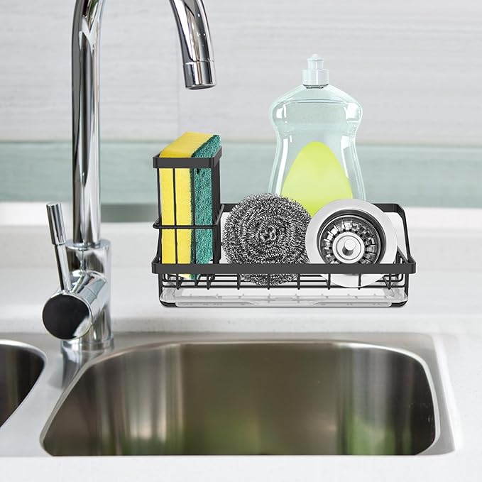 1PCS Sink Drain Rack Stainless Steel Sponge Holder Sink Organizer Rack Rustproof Kitchen Countertop Brush Sponge Holder with Detachable Drip Tray