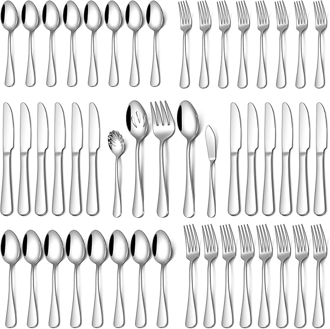 Silverware Set with Serving Utensils, 45 Piece Food-Grade Stainless Steel Flatware Set include Hostess Serving Utensil Set, Mirror Polished Cutlery Set for Home Kitchen Restaurant,Dishwasher Safe