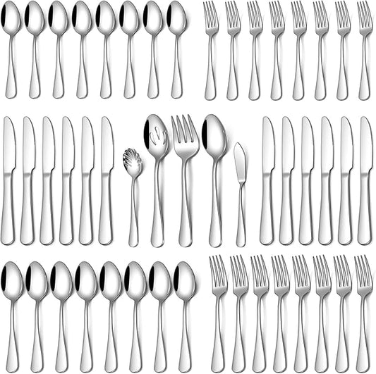 Silverware Set with Serving Utensils, 45 Piece Food-Grade Stainless Steel Flatware Set include Hostess Serving Utensil Set, Mirror Polished Cutlery Set for Home Kitchen Restaurant,Dishwasher Safe