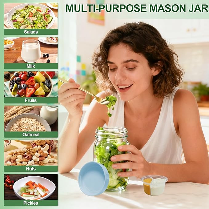 4 Pack Glass Salad Jars with Lids,32oz Mason Jars for Meal Prep,Leakproof Lunch Container with Two Small Built-in Boxes for Wet/Dry Separation of Salad Dressing and Dry Ingredients (4 Color Pack)