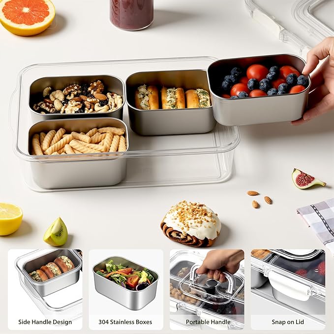 Freshmage Snackle Box Container, Stainless Steel Divided Serving Snack Tray with Lid and Handle, 4 Compartment Portable Snack Platters for Road Trip, Beach, Picnic, Ball Games, Pool and Parties