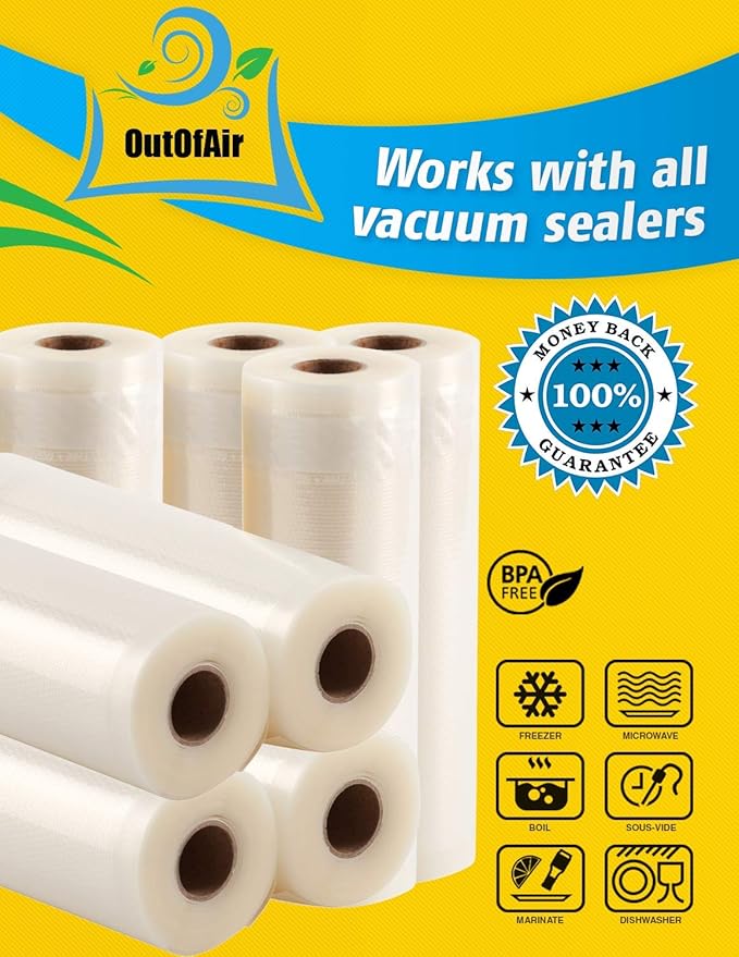 11" x 25' Rolls (Fits Inside Machine) BULK 8 Pack (200 ft total) OutOfAir Vacuum Sealer Rolls Works With FoodSaver & Other Machines, 33% Thicker BPA Free Sous Vide Commercial Grade Bags