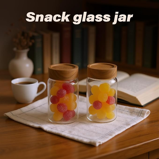 2-Piece 10 oz Food-Grade Glass Mason Jars with Sturdy Acacia Wood Lids, Sealable Waterproof, Transparent Easily Stackable for Spices, Seasonings & Snack Organizin