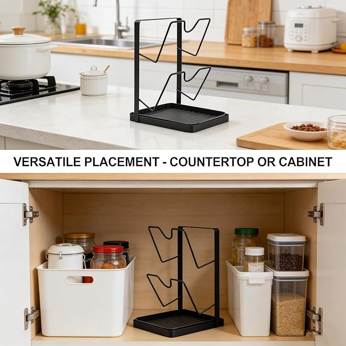 90S Multifunctional Pot Lid Organizer for Countertop -RustProof Metal Pot Cover Rack with Removable Drip Tray, Vertical Drying Stand for Cutting Boards, Spoons, and Lids, Heat Resistant, Gray