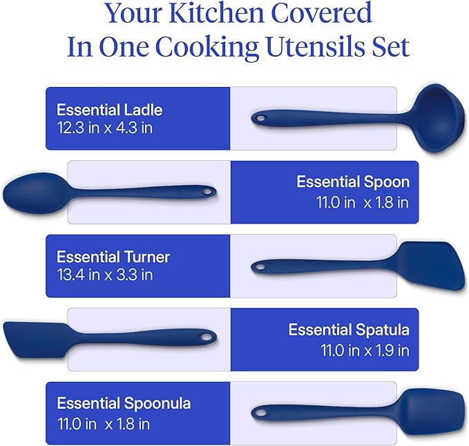 GIR: Get It Right - 5 Piece Essentials All Purpose Set - Ladle, Spatula, Flip, Spoon & Spoonula, Non-stick, Heat Resistant, Dishwasher Safe, Kitchen Utensils, Baking Supplies - Royal Blue