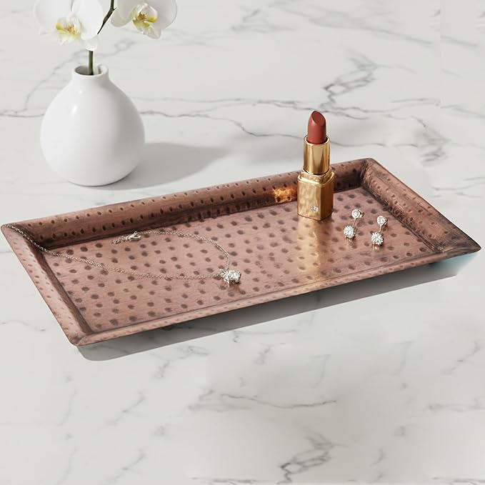 Monarch Abode Decorative Tray – 16-Inch Hand Hammered Antique Copper Metal Bathroom Tray Countertop, Vanity Trays Organizer, Perfume Plate for Dresser, Kitchen Countertop Large Fruit Platter