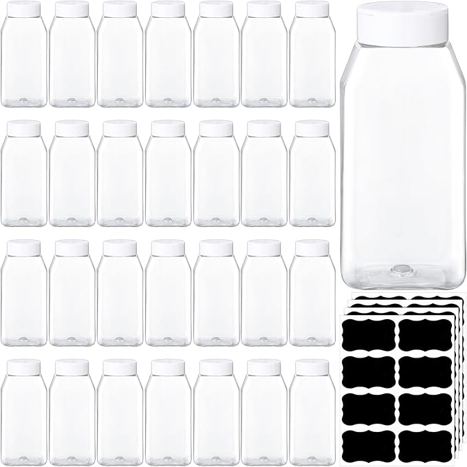 Mifoci 28 Pack 16 oz Plastic Spice Jars with Cap Square Plastic Bottle Containers with Shaker Lids and Stickers Large Seasoning Shaker Empty Powder Storage Container for Storing Salt Herbs (White)