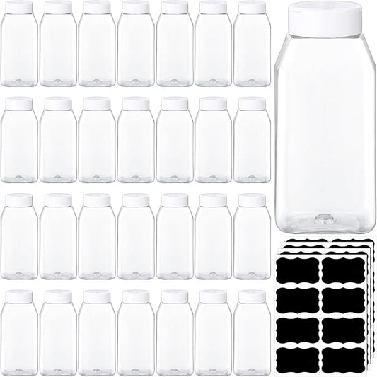 Mifoci 28 Pack 16 oz Plastic Spice Jars with Cap Square Plastic Bottle Containers with Shaker Lids and Stickers Large Seasoning Shaker Empty Powder Storage Container for Storing Salt Herbs (White)