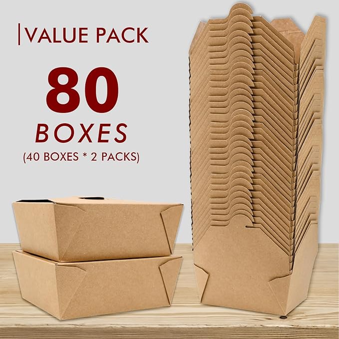 EcoDispose 45 oz Kraft Paper Pack of 80 Fold To Go Containers, Microwaveable Leak and Grease Proof Take Out Boxes for Lunch,Leftover and Restaurant
