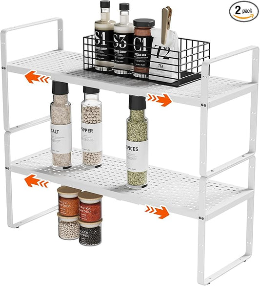 DPZM 2Pack 16.5-27’’L Expandable Cabinet Countertop Shelf Organizer, Stackable Metal Shelves, Kitchen Organizers and Storage, White Storage Spice Rack for Pantry and Cupboard