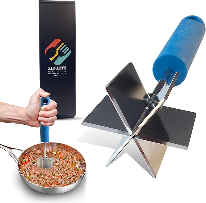 Stainless Steel Meat Masher and Chopper with Soft Grip Handle – Heavy Duty Handle & Mashing Head for Ground Beef, Meat, and More – 9", Dishwasher Safe (Lagoon Blue)