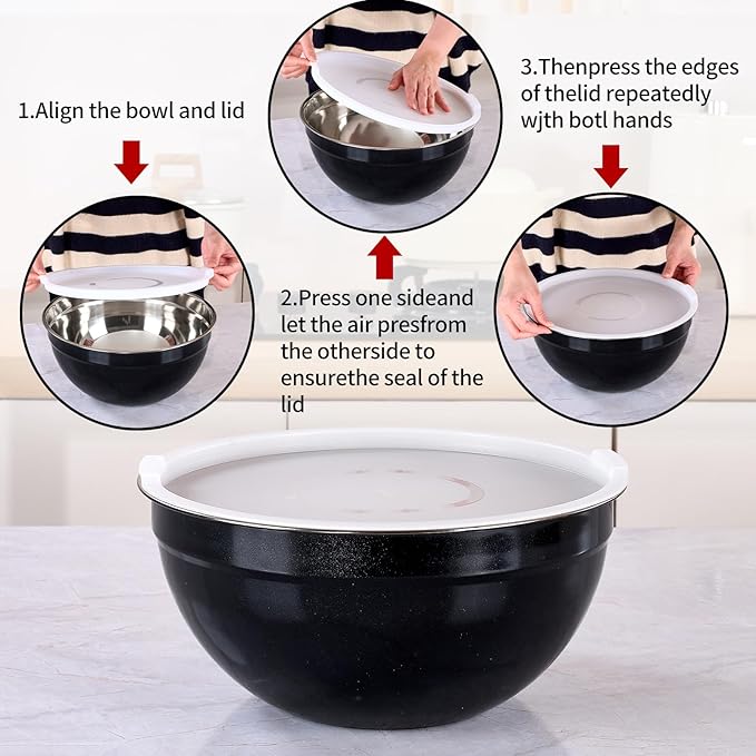 LKTDYMEG Black Mixing Bowls with Lids Set of 7, Stainless Steel Nesting Bowl with Khaki Lid for Non-slip Mixing Prepping Storing Serving, 7 Sizes-7/3.6/2.7/2.1/1.5/1/0.8 QT