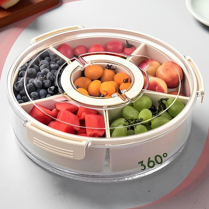 Rotating Snack Box Container for Parties, Veggie Tray with Lid, Divided Serving Tray for Fruit, Large Rotating Tray with Lid for Kids and Fridge Storage (10" Rotating snackle Box)