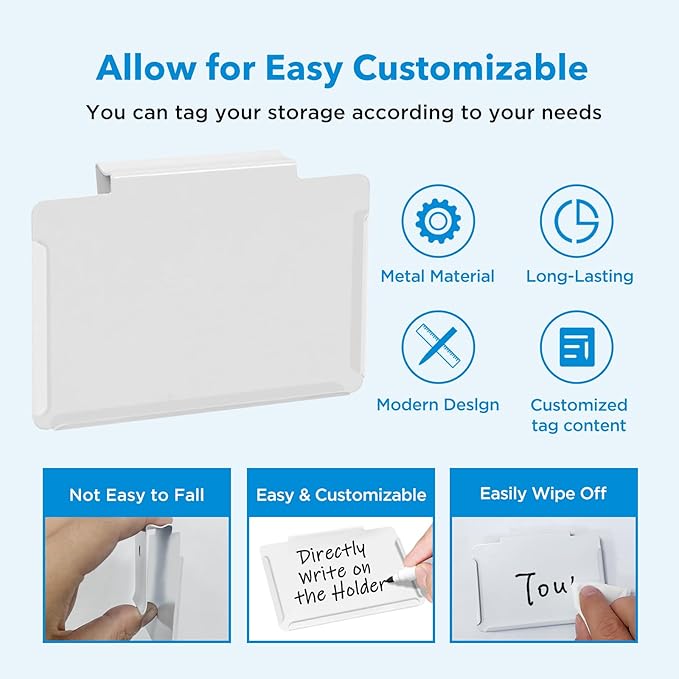 Metal Pantry Baskets Labels Clip On for Storage Bins | Edge Fold-Cream (Edge Fold-White, 8 Metal Label Clip)