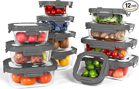 BOROHOUSE 12-Pack Glass Containers with Tempered Lids – Borosilicate, Oven-Safe(-4°F~950°F), Airtight, BPA-Free, Multi-Size for Meal Prep, Dishwasher Safe (Gray)
