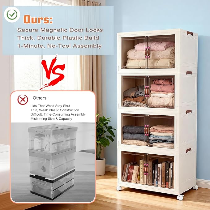 FAHKNS 120Gal/480Qt Stackable Storage Bins, Collapsible Storage Bins with Lid, Extra Large Closet Organizers and Storage with Transparent Door, Suitable for Home Bedroom or Kitchen, White
