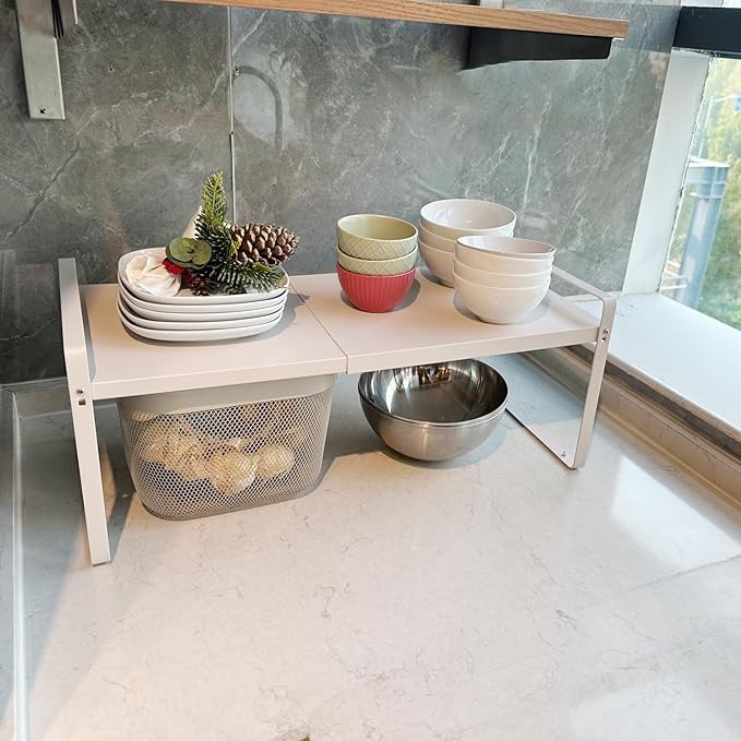 BAUCCA Set of 2 Expandable Cabinet Shelf Organizer, White Kitchen Countertop Shelves, Stackable Metal Pantry Storage Organizer for Cupboard, Spice Rack