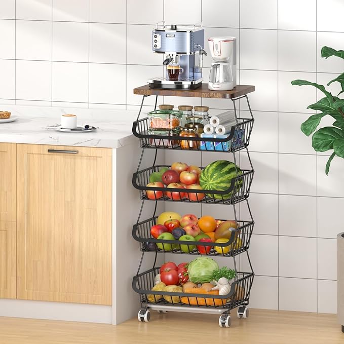 Fruit Basket with Wooden Lid for Kitchen, 5-Tier Stackable Wire Fruit Vegetable Storage Basket Organizer Stand on Wheel, Produce Basket Potato Onion Storage Bins Rack Cart for Pantry