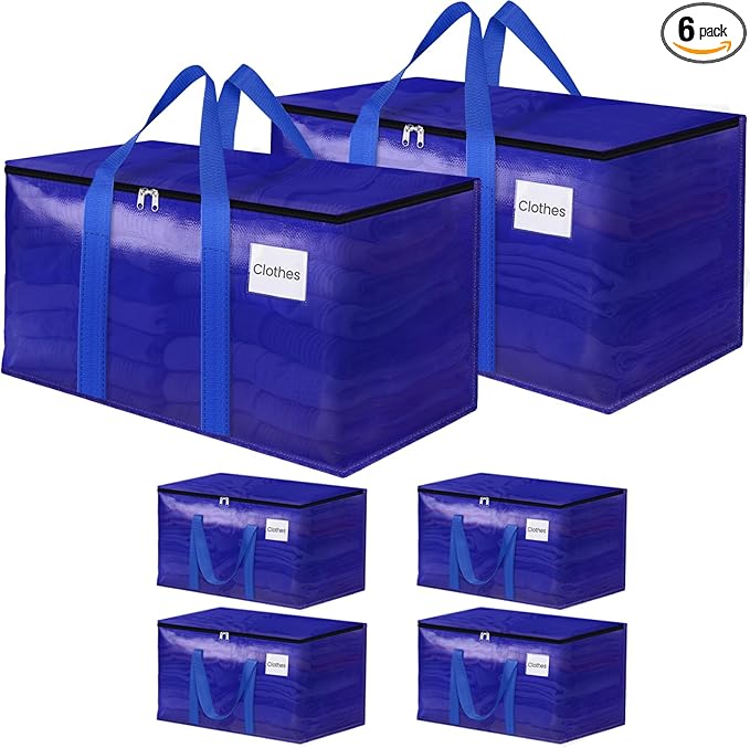 Moving Storage Bags, Moving Supplies Packing Boxes for Moving, Camping, College Dorm Room Essentials for Girls, Blue Tote Bags, Heavy-Duty Storage Bins With Lids And Zippers, 125L 6 Pack