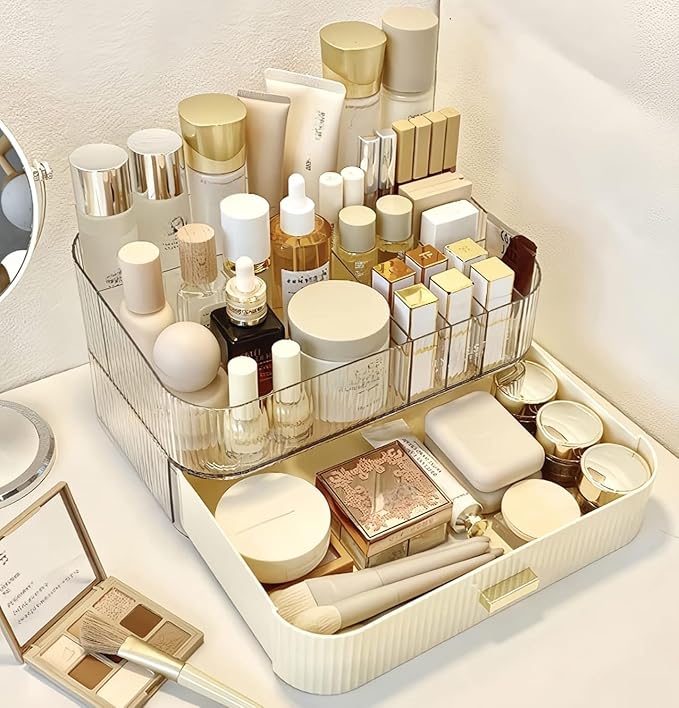 Decorcode Makeup Organizer With Stackable Drawer, Cosmetic Storage Display Case for Vanity, Bathroom Countertop or Dresser,Counter top Holder for Lipstick, Brushes, Lotions, Eyeshadow, Nail Polish