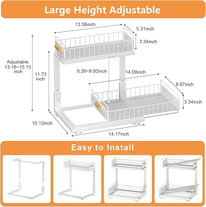 HOMEAILIE Under Sink Organizer, High Adjustable 2 Tier Under Kitchen Sink Organizer, Multi-Purpose Storage Shelf for Kitchen Bathroom Cabinet, White