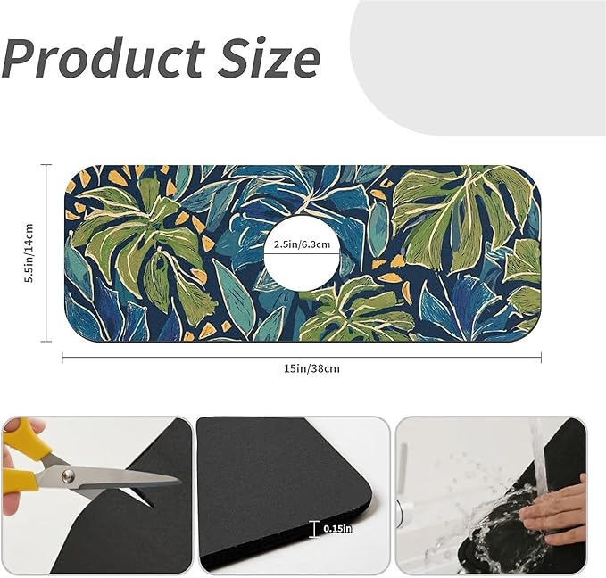 Kitchen Sink Splash Guard，Large tropical leaves Faucet Mat Sink Gadgets-Super Absorbent Fast Drying Mat Drip Catcher for Kitchen, Bathroom,Sink Mat, Dish Drying Mat, Bathroom(15" X 5.5" )