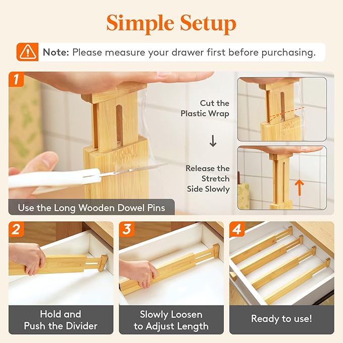 Lifewit 8 Pack Bamboo Drawer Dividers 2.4" High, 13-16.5" Kitchen Drawer Organizers, Adjustable Wooden Drawer Dividers for Clothes, Expandable Drawer Separators for Dresser, Bedroom, Bathroom, Cabinet