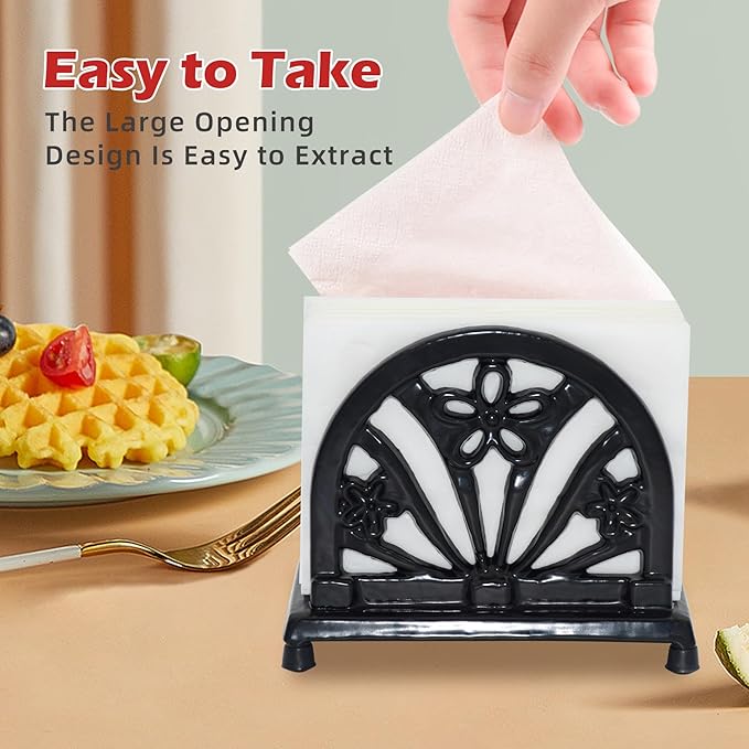 MINLUFUL Napkin Holder for Table, Vintage Cast Iron Paper Napkins Tissue Dispenser with Daffodil Pattern for Kitchen Dining Room Countertop Decor, Black