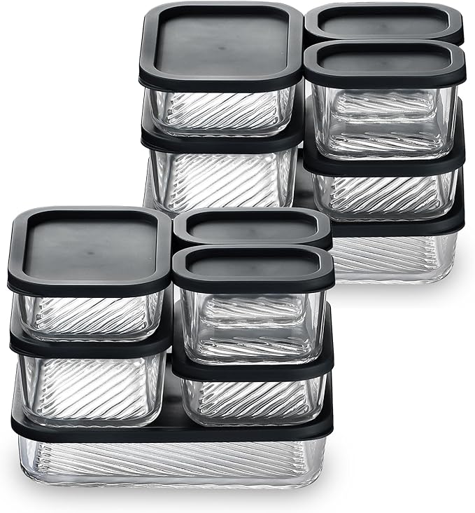 EATEX 12 Pack Glass Meal Prep Containers with Grooved Base, 12 Stackable BPA Free Glass Storage Containers with Lids for Lunch, Pantry, and Kitchen - Microwave, Dishwasher Freezer & Oven Safe - Black