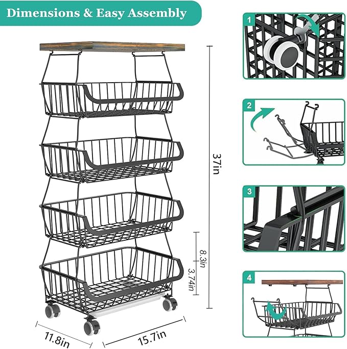 Fruit Basket with Wooden Lid for Kitchen, 5-Tier Stackable Wire Fruit Vegetable Storage Basket Organizer Stand on Wheel, Produce Basket Potato Onion Storage Bins Rack Cart for Pantry
