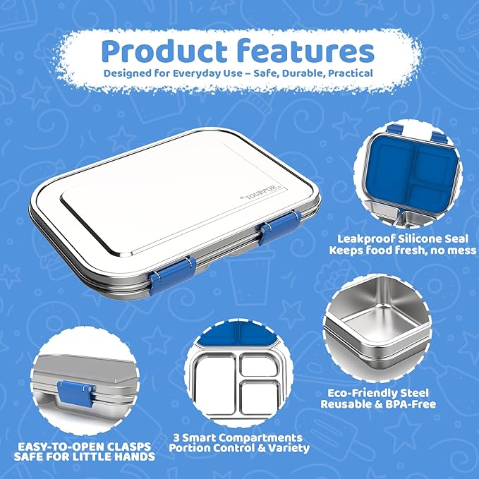Stainless Steel Bento Box for Kids 1000ml - 3 Compartment Lunch Box for Adults, Leakproof Food Container, BPA-Free Metal Lunch Box with Silicone Seal, Eco-Friendly/Dishwasher Safe (Blue)